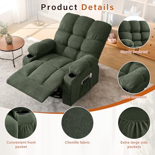 MAHOMICO Swivel Rocker Recliner Chair with Vibration Massage and Heat for Living Room with Rocking Function and Side Pocket,USB Charge Port๏ผ2 Cup Holders