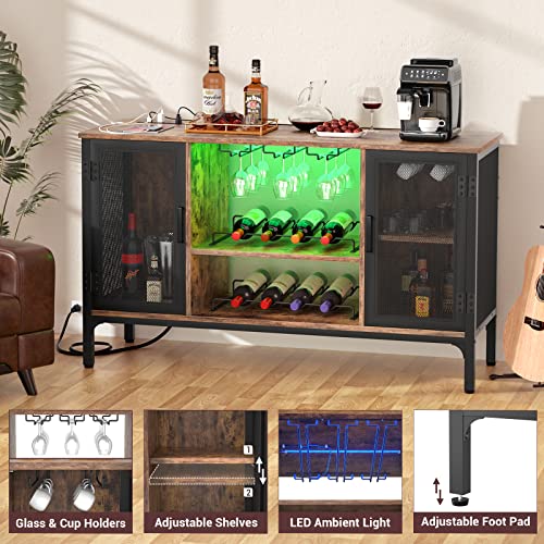 Homieasy Wine Bar Cabinet with Led Lights and Power Outlets, Industrial Coffee Bar Cabinet for Liquor and Glasses, Farmhouse Bar Cabinet with Removable Wine Racks, Rustic Brown Homieasy