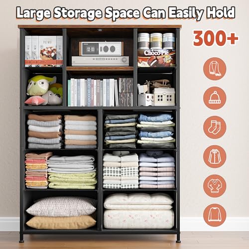 EnHomee Dresser for Bedroom with Mesh Door Tall Dressers & Chests of Drawers with 10 Fabric Drawer Morden Dresser Organizer,Metal Frame,Wood Top,for Closet,Entryway,Rustic Brown 38" Wx11.81 Dx48.1 H EnHomee