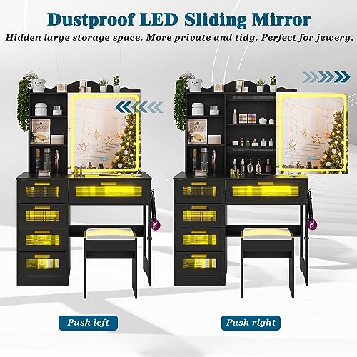 WOOVIVS Vanity Desk with Lights and Sliding Vanity Mirror, Makeup Vanity Desk with Charging Station, Vanities Dressing Table with Stool, LED Vanity Set with Large Drawers&Shelves for Bedroom, Black WOOVIVS