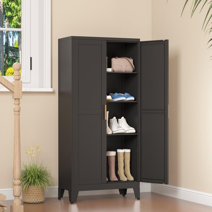 RISTERN Black Metal Storage Cabinet, 48" Steel File Cabinet for Home Office, Kitchen Pantry Storage Cabinet with Doors and 3 Adjustable Shelves, Tool Cabinet, for Office, Home, Garage, School RISTERN