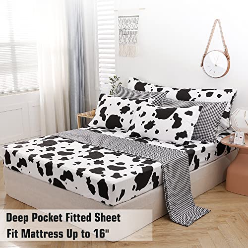 SUCSES Cow Print Queen Comforter Set with Sheets 8Pcs Bed in A Bag Queen Size Bedding Set Geometric Black and White Duvets for All Season SUCSES