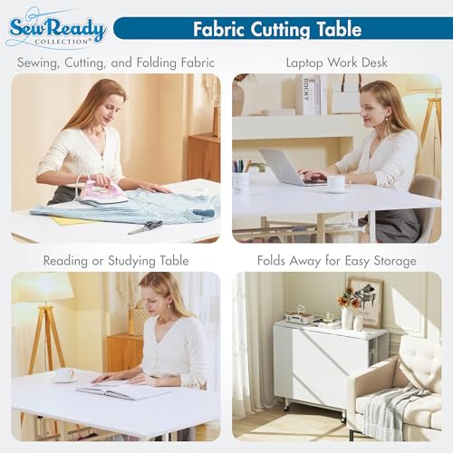 Sew Ready Folding Sewing Craft Table with Storage, Adjustable Height Cutting Desk with Drawers and Wheels for Quilting, Fabric, and Hobby Room, White Sew Ready
