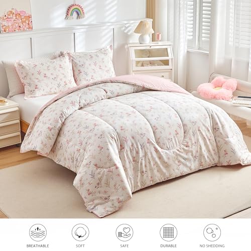 Joyreap 3pcs Cotton Comforter Set for Girls, Pink Floral Design, Queen Size Soft n Cozy Bedding Comforter Set for All Season- 88x88 inches Joyreap
