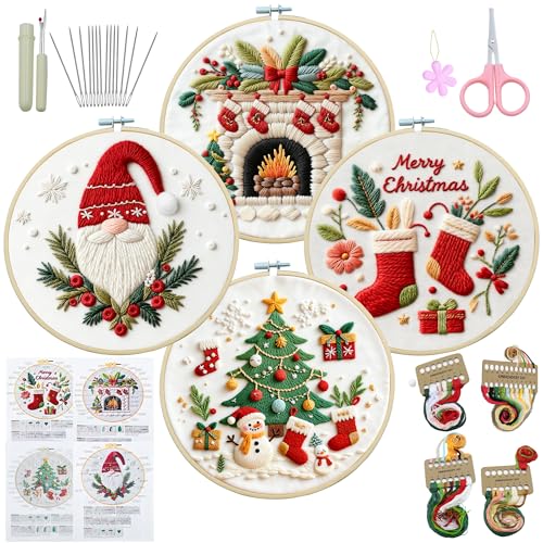 QCCTPUU 4 Sets Christmas Embroidery Kits, Beginner Embroidery Kit for Adults, Cross Stitch Kits for Beginners with Hand Embroidery Tools(Instructions, Needles, Threads