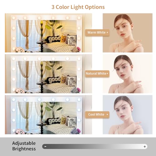 VOWNER Vanity with Lights - 43" Makeup Vanity Desk with Power Outlet, 5 Drawers and 1 Cabinet, 3 Color Lighting Modes with Adjustable Brightness,Makeup Desk with Stool for Women Girls, White VOWNER