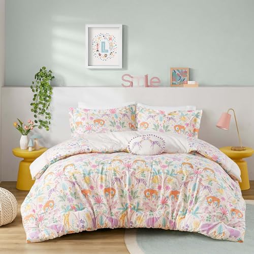 Intelligent Design Kids Queen Comforter Set, Favorite Jungle Animals Fun Safari Adventures Print, BCI Cotton, All Seasons Down Alternative Bedding, Sham & Pillow, Lulu, Full/Queen Purple 4 Piece Intelligent Design