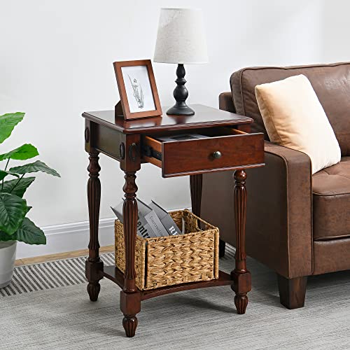 MODERION Solid Wood Side Table with Drawer and Storage Shelf, Traditional End Table, Narrow Telephone Nightstand, Carvings Elegant Vintage, for Living Room, Bedroom, Office Cherry Walnut GBJ1533WD MODERION