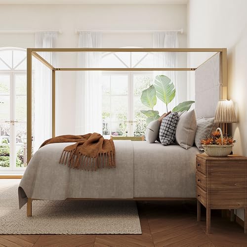 Merax Queen Size Gold Metal Canopy Bed Frame, 76.5" Tall Linen Upholstered Headboard, 4-Poster Bed with 800 lbs Capacity, Box Spring Required for Bedroom, Gold+Tan