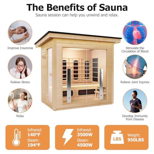 3-4 Person Hybrid Home Wood Sauna, Outdoor WiFi Control Traditional Hemlock Steam & Far Infrared Saunas Spa Room with Red Light Therapy, 11 Heaters& Electric Stove, Accessories Included, Leftdoor Smartmak