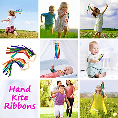 Baby Sensory Ribbon Ring Toys - 2Pcs Rainbow Ribbon Rattle Natural Wooden Ribbon Ring Molar Wood Circle Newborn Teether Sensory Montessori Toy for 6-12 Month Babies Toddler FPVERA