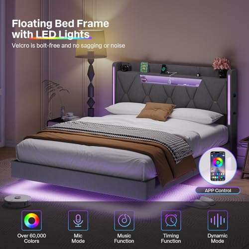 Dnxao Floating Bed Frame Queen with Hidden Storage Headboard, Heavy Duty Metal Platform with Dual Zone LED Lights & Charging Station, Noise Free No Box Spring Needed, Gray Linen Upholstered Dnxao