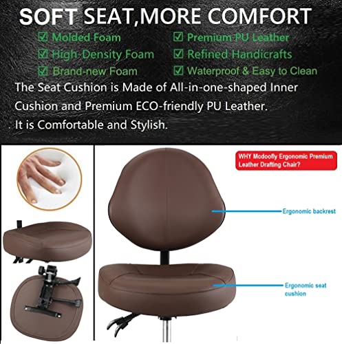 McDooFly Rolling Drafting Chair with Back Support - Tall Office Chair for Standing Desk Adjustable Foot Ring Swivel Rolling Stools for Workshop Art Studio Salon Shop Counter Home Office (Brown) McDooFly