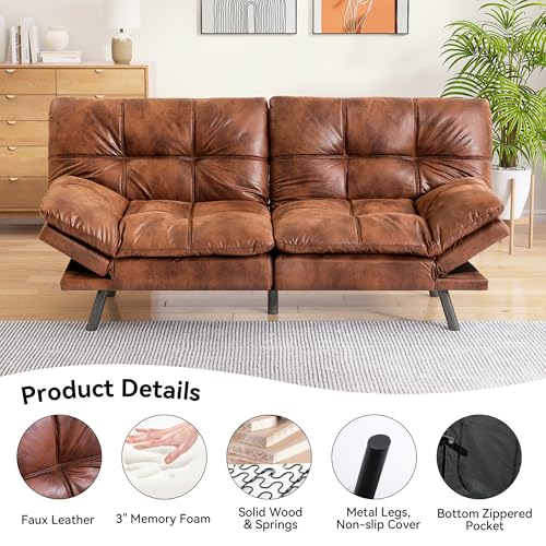 AMICLIBER Faux Leather Futon Sofa Bed,Convertible Futon Couch,Memory Foam Loveseat Sleeper Sofa,Small Splitback Modern Folding Couch for Living Room,Office,Apartment,Retro Brown AMICLIBER