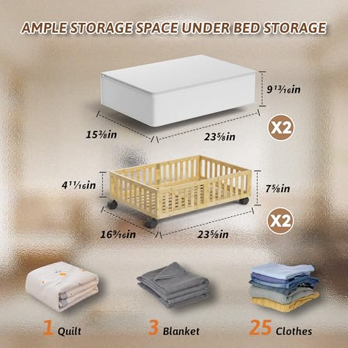 Bamboo Under Bed Storage Containers with Wheels, 2 Pack Under the Bed Shoe Storage Bins, Wood Rolling Underbed Drawers with Bag Organizer for Bedroom, Sheets Clothes Blanket Comforter, Under Crib Toy MHXW SXPN