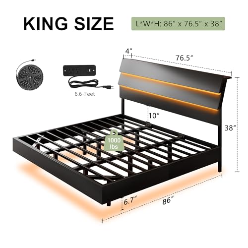 Feonase Floating Bed Frame King with Led Lights and Charging Station, Wood Full Size Bed Frame with Storage Headboard, Heavy Duty Metal Slats, No Box Spring Needed, Easy Assembly,Black Feonase