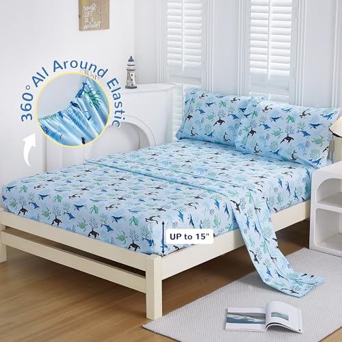 Viviland 3 Pieces Boys Blue Ocean Twin Sheet Set - Soft Microfiber Fitted Flat Sheets & Pillowcase - Blue Ocean Whales, Sea Turtles, Marine Organisms Bedding Sets - for Kids & Toddlers Viviland