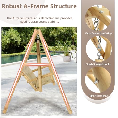 EPICOZY 2-Seat Porch Swing, Wooden Log Patio Swing Chair Bench with Stand, Rustic Hardwood Swing Chair with Curved Back, Wood Seating Porch Swings for Outside Yard, Garden, Deck, Poolside, Natural EPICOZY