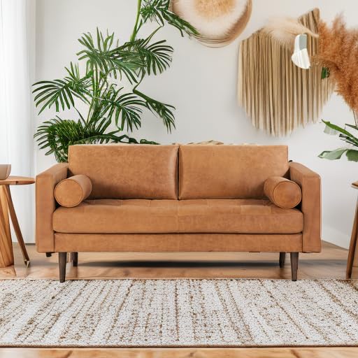 POLY & BARK Napa Leather Couch with Feather – 72-Inch Apartment Full Grain Leather Sofa with Tufted Back-Down Topper On Seating Surfaces – Pure-Aniline Italian Leather – Cognac Tan POLY & BARK