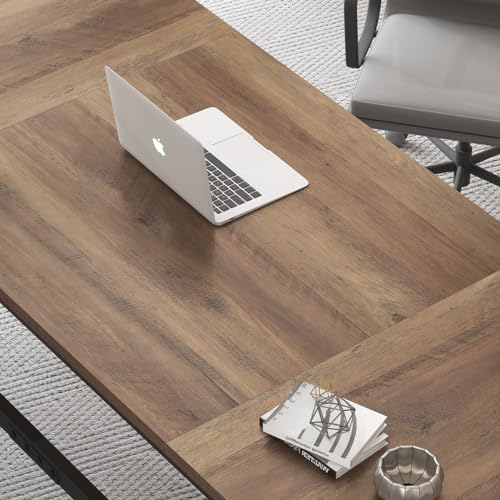 IBF Wood Large Computer Desk, 70.8” Long Home Office Desk for two Person, Farmhouse Work Study Writing Table in Bedroom, Simple Wide Metal Executive Double PC Gaming Workstation, Rustic Oak IBF