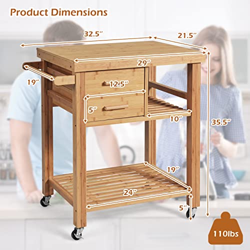 PETSITE Bamboo Kitchen Island Cart, Butcher Block Table on Wheels with Drawers, Shelves, Towel Rack PETSITE