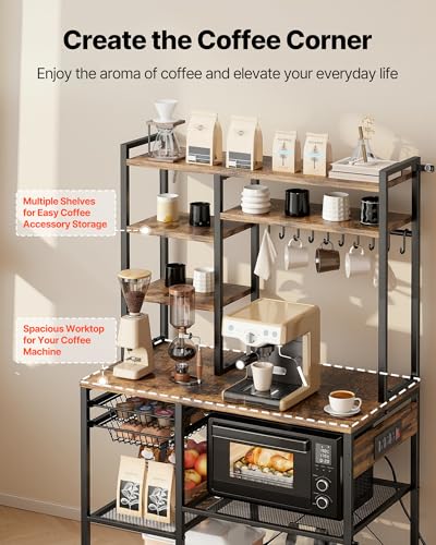 VEVOR Kitchen Bakers Rack with Power Outlets, 35.4x15.7x70.9 Inch Microwave Stand with Built-in Power Strip & 5 Ft Cord, 10 S-Shaped Hooks, for Dish Storage, Spice Jars, Coffee Bar Organization