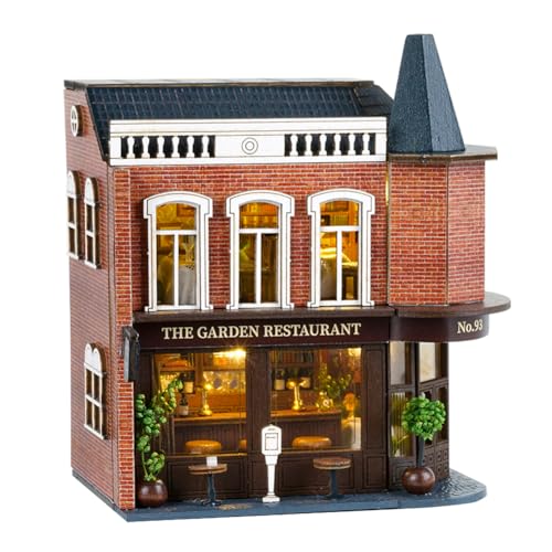 Miniature European-Style Chalet Cottage Dollhouse Kit Wooden Furniture, DIY Dollhouse Kit with LED Creative Room,Adult Teenager Children Gift (Garden Restaurant) WoodArtSupply