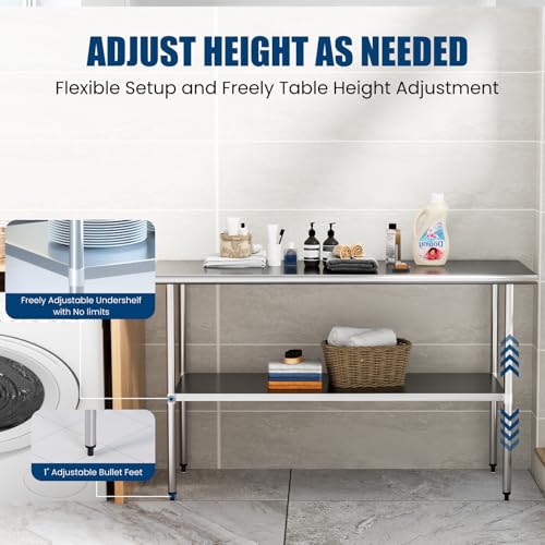 Chingoo Stainless Steel Table 30 x 60 Inches Metal Prep Table with Adjustable Undershelf for Commercial Kitchen & Outdoor Use Chingoo