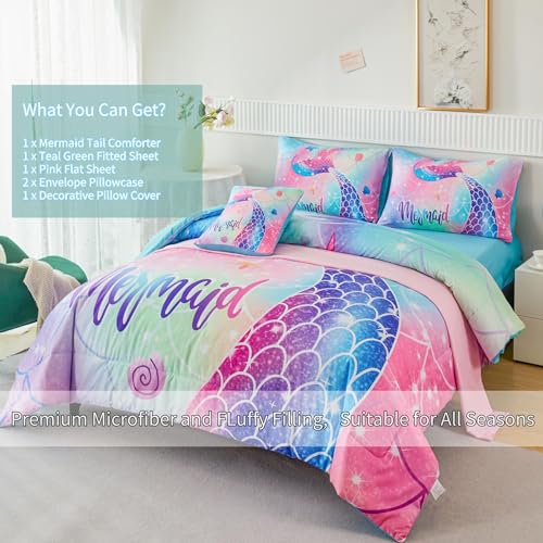 RYNGHIPY Mermaid Twin Girls Bedding Set, Colorful Rainbow Kids Girls Comforter Set with Sheets Soft and Lightweight, 6 Pieces Teen Girls Bed in a Bag RYNGHIPY