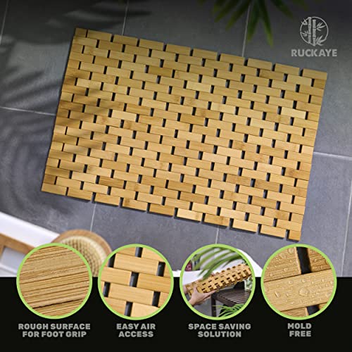 Ruckaye 24x16 Bamboo Bath Mat Premium Bamboo Shower Mat with Silicone Grip Pads Bamboo Bathroom Mat Slip Resistant Bamboo Mat Foldable Wooden Bathroom Mat Waterproof Bamboo Floor Mat Indoor & Outdoor Ruckaye