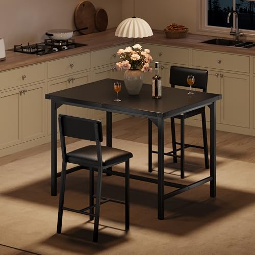 GAOMON Dining Table Set for 2 w/Backrest, Counter Height Table with 2 Upholstered Bar Stools, 3-Piece Kitchen Table Set with Footrest & Corner Protector, for Dining Room, Kitchen, Retro Black GAOMON