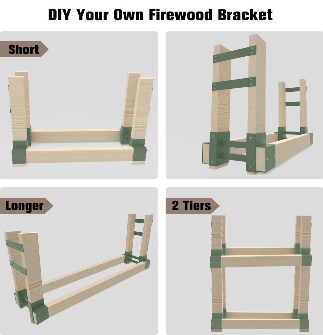 Fiwithy Outdoor Firewood Rack Bracket Kit with 4 Support Bars for Fire Wood Pile Storage, Heavy Duty DIY Fireplace Log Stacking Stand Holder for 2x4 Lumber, Green, 1 Pair Fiwithy