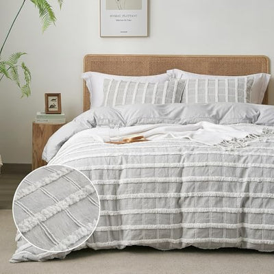 Ranunculus Tufted Boho Queen Duvet Cover Set, Fluffy Washed Microfiber Stripe Duvet Cover Queen Size with Button Closure & 2 Pillow Shams for All Seasons, Comforter Not Included (Grey Check, 90"x90")