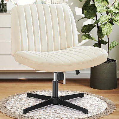 DUMOS Criss Cross Chair Legged Office Wide Comfy Desk Seat, No Wheels Armless Computer Task Seating, Swivel PU Leather Vanity Home Height Adjustable
