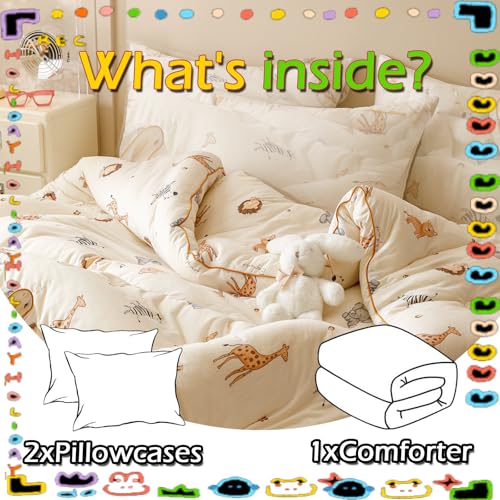 MorroMorn Super Soft Comforters Queen Size Bed Set, 3 PCS Bedding Sets - Thick Fluffy Comforter with 2 Pillowcases Neutral for Girls Boys Kids, Lightweight Warm Cozy for Cold Weather (Cute Animals) MorroMorn