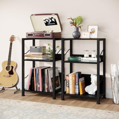 Hosfais 3 Tier Record Player Stand, Retro Vinyl Record Storage End Table Records for Living Room Bedroom (Black) Hosfais