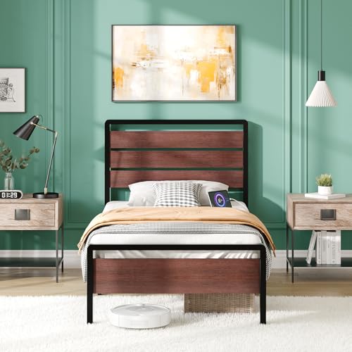 VINGLI Kids Twin Bed Frame with LED Headboard & Footboard, USB Charging Station, Metal Single Platform with 12-Inch Under Bed Storage Space for Dorm Bedroom Teen Guest Room, Mahogany Brown VINGLI