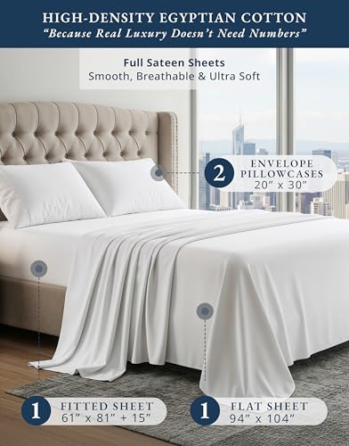 LANE LINEN 100% Egyptian Cotton Full Size Bed Sheets, Soft & Comfy Luxury Hotel Style Thick Full Size Sheets, Fully Elasticized Reinforsed Seams No Pill Natural Cooling - White Sheets LANE LINEN