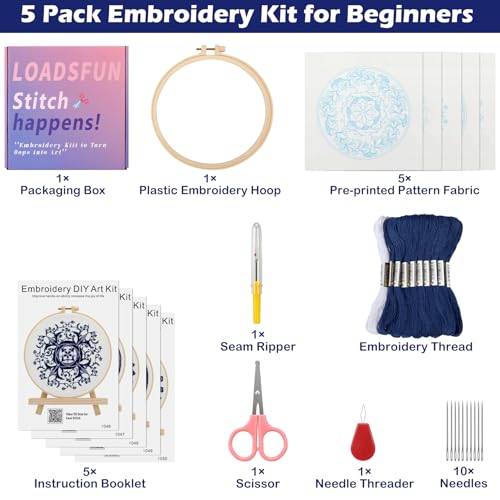 LOADSFUN 5 Pieces Embroidery Kit for Beginners, Cross Stitch Kits with Stamped Patterns,Hoop,Threads,Needle Threader Needlepoint Kits Crafts for Adults Step by Step Instructions Video