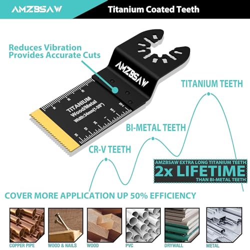 AMZBSAW 110PCS Oscillating Saw Blades Set, Professional Titanium Oscillating Tool Blade for Metal Wood Plastics, Quick Release Multi Tool Blades Kits Fit Bosch Dewalt Milwaukee Ryobi AMZBSAW