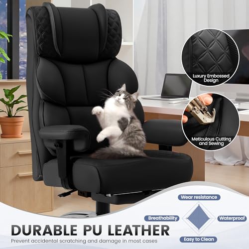BestGlory Office Desk Chair, Big and Tall Leather Gaming Chair with Footrest, Wide Ergonomic Comfy Executive High-Back Reclining Computer Chairs, Swivel Rolling Wheels and Padded Lumbar Support, Black BestGlory