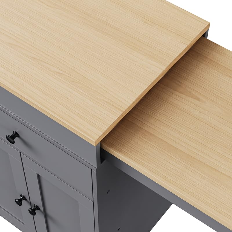 HomeGearTech 74.5" Kitchen Island Cart with Extendable Dining Table - Mobile Kitchen Island on Lockable Wheels, Spice Rack Organizer, 2 Storage Drawers & 4-Door Cabinet for Kitchen or Dining Room HomeGearTech