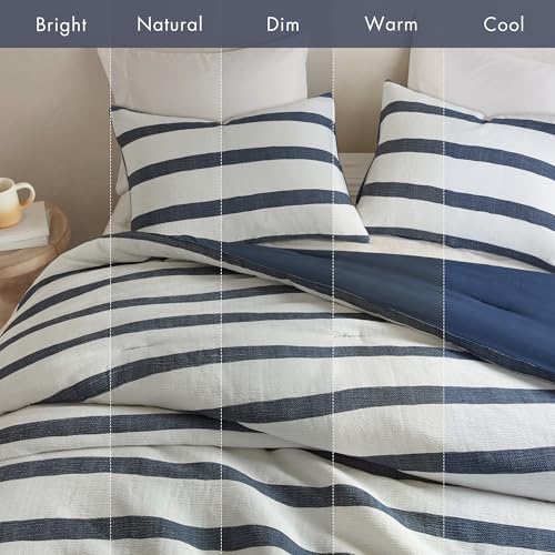 Madison Park Essentials Striped Comforter Set Queen Size, Yarn-Dyed Reversible Comforter with Minimalist Stripes, Crinkled Texture Bedding Set for All-Season Lightweight Warmth, Merritt Blue Madison Park