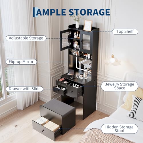 Garvee 3 in 1 Vanity Desk with LED Light, Tall Makeup Vanity Set with 2 AC Outlets & USB-c, Dressing Table with Drawers & Acrylic Doors, Nightstand Vanity Mirror, Jewelry Box, Cushioned Chair, Black Garvee