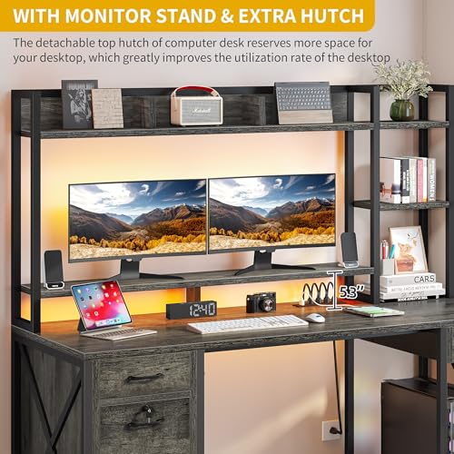 DWVO Computer Desk with Drawers & Hutch, 59.1" Office Desk with Power Outlets & LED Lights, Home Office Desk with Storage Shelves, Grey DWVO