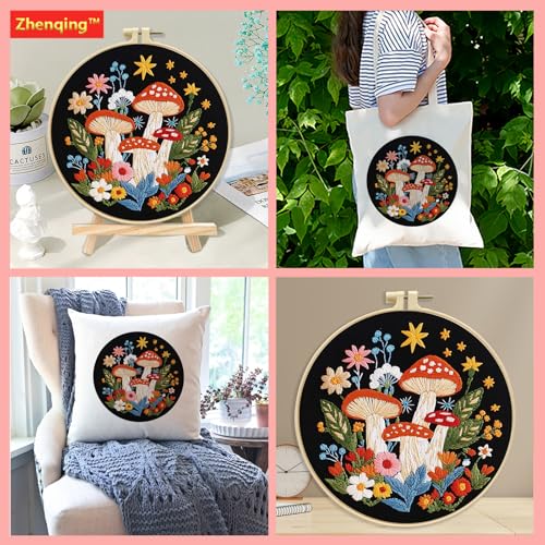 Zhenqing Enchanted Mushroom Garden Embroidery Kit for Beginners - Complete Set with 29x29cm Black Cotton Fabric, Hoop, Thread & Tools(C0138)