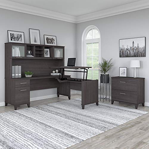 Bush Furniture Somerset 72W 3 Position Sit to Stand L Shaped Desk with Hutch and File Cabinet in Storm Gray Bush Home