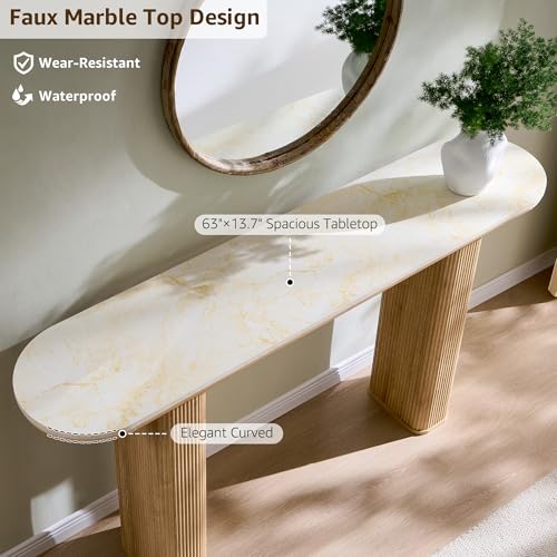 OKD 63 Inch Modern Console Table with Arc Faux Marble Texture Top, Fluted Wood Base, Contemporary Entryway Sofa Table for Living Room, Hallway, Foyer, Natural Oak OKD