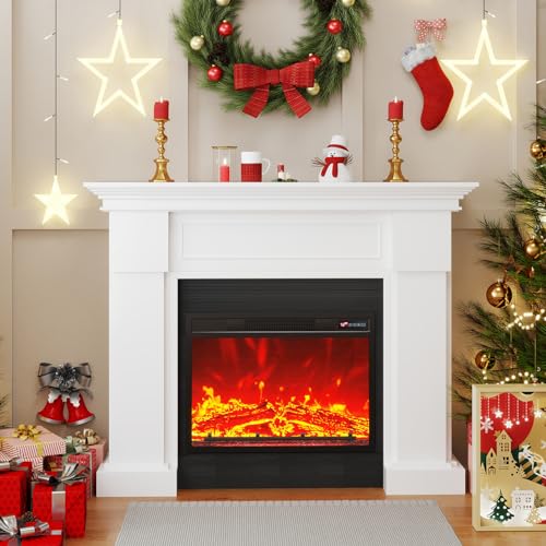 55" Electric Fireplace with Mantel | 1400W Faux Fireplace | Highly Realistic 3D Flame | 50-90℉ Adjustable Temp | Button & Remote Control | White Fireplace Mantel Surround | 55" W×13.5" D×44" H FODINGHILL