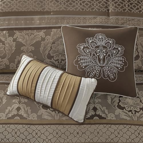 Madison Park Bellagio Cozy Comforter Set - Luxurious Jaquard Traditional Damask Design, All Season Down Alternative Bedding with Matching Shams, Decorative Pillow, Queen(90"x90"), Brown/Gold 7 Piece Madison Park